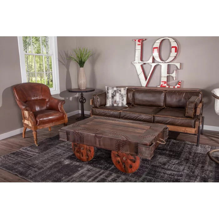 Metal & Genuine Leather Pillow Top Arm Sofa, Mocha Brown - Furnishiaa -  -